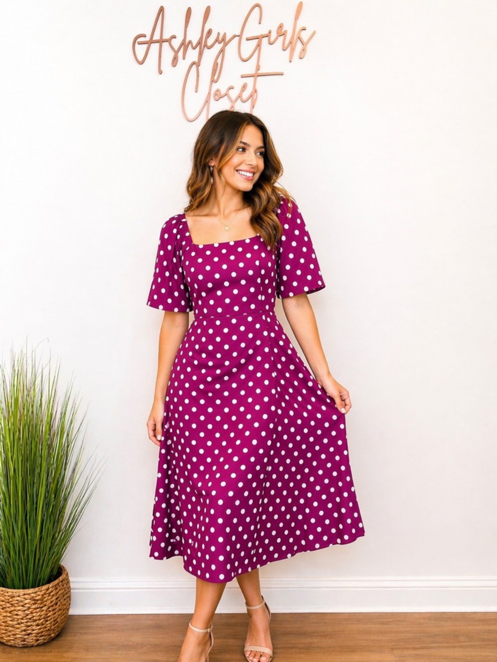 Tyler Böe Polka Dot Midi Dress Open Back Bow Pink